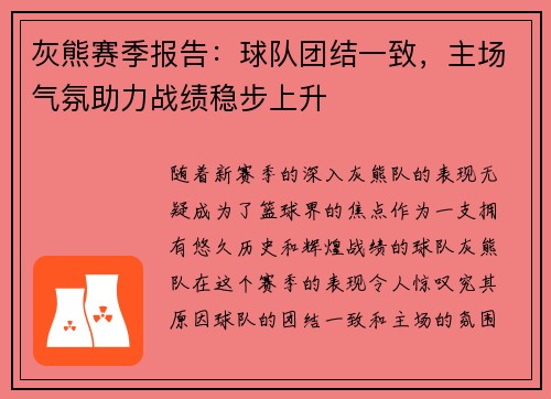 灰熊赛季报告：球队团结一致，主场气氛助力战绩稳步上升