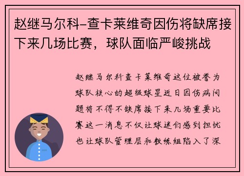 赵继马尔科-查卡莱维奇因伤将缺席接下来几场比赛，球队面临严峻挑战