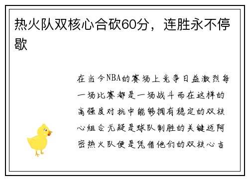 热火队双核心合砍60分，连胜永不停歇