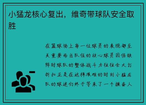 小猛龙核心复出，维奇带球队安全取胜