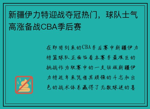 新疆伊力特迎战夺冠热门，球队士气高涨备战CBA季后赛