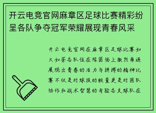 开云电竞官网麻章区足球比赛精彩纷呈各队争夺冠军荣耀展现青春风采