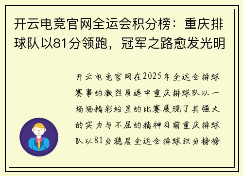 开云电竞官网全运会积分榜：重庆排球队以81分领跑，冠军之路愈发光明！