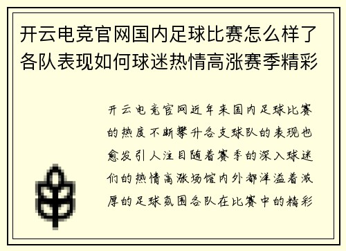开云电竞官网国内足球比赛怎么样了各队表现如何球迷热情高涨赛季精彩纷呈
